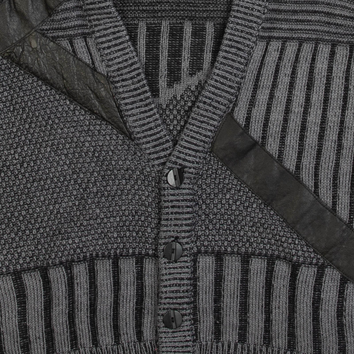 MEN'S VINTAGE 1990S LEATHER PATCH RIBBED KNITTED CARDIGAN - MEDIUM