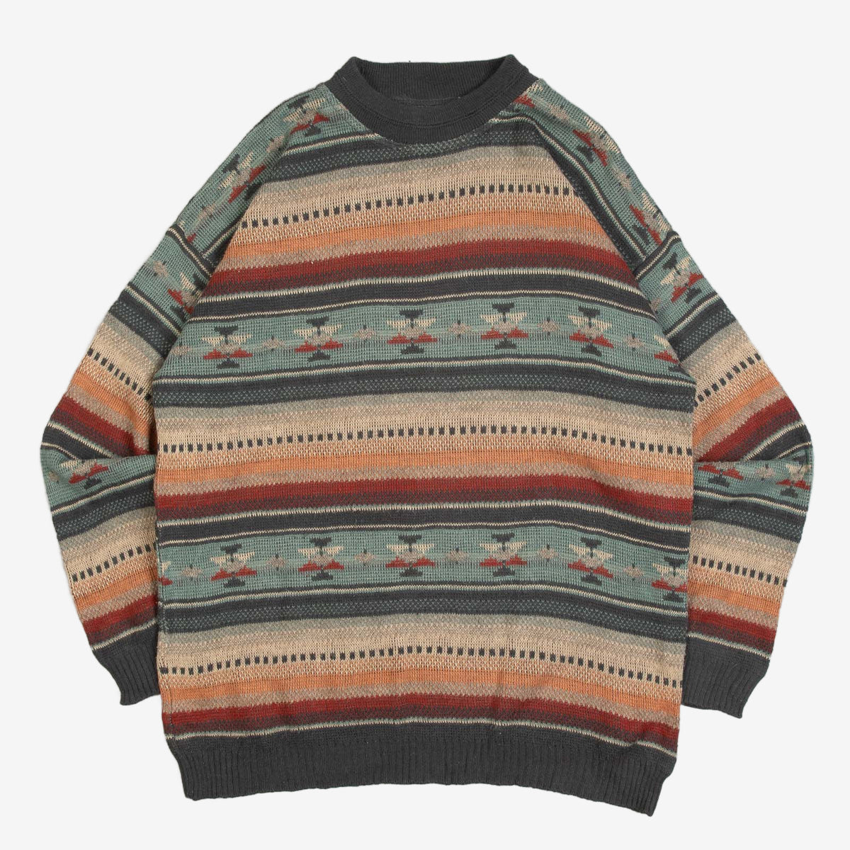 MEN'S VINTAGE 1980S STRIPED PATTERNED KNITTED JUMPER - MEDIUM