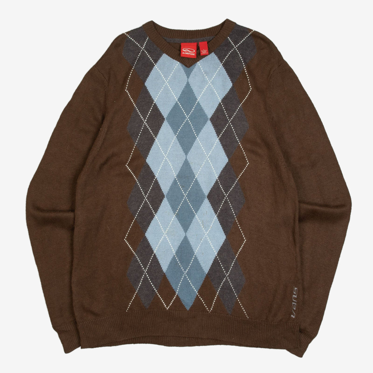 MEN'S VINTAGE 1990S VANS ARGYLE PATTERNED KNITTED JUMPER - LARGE