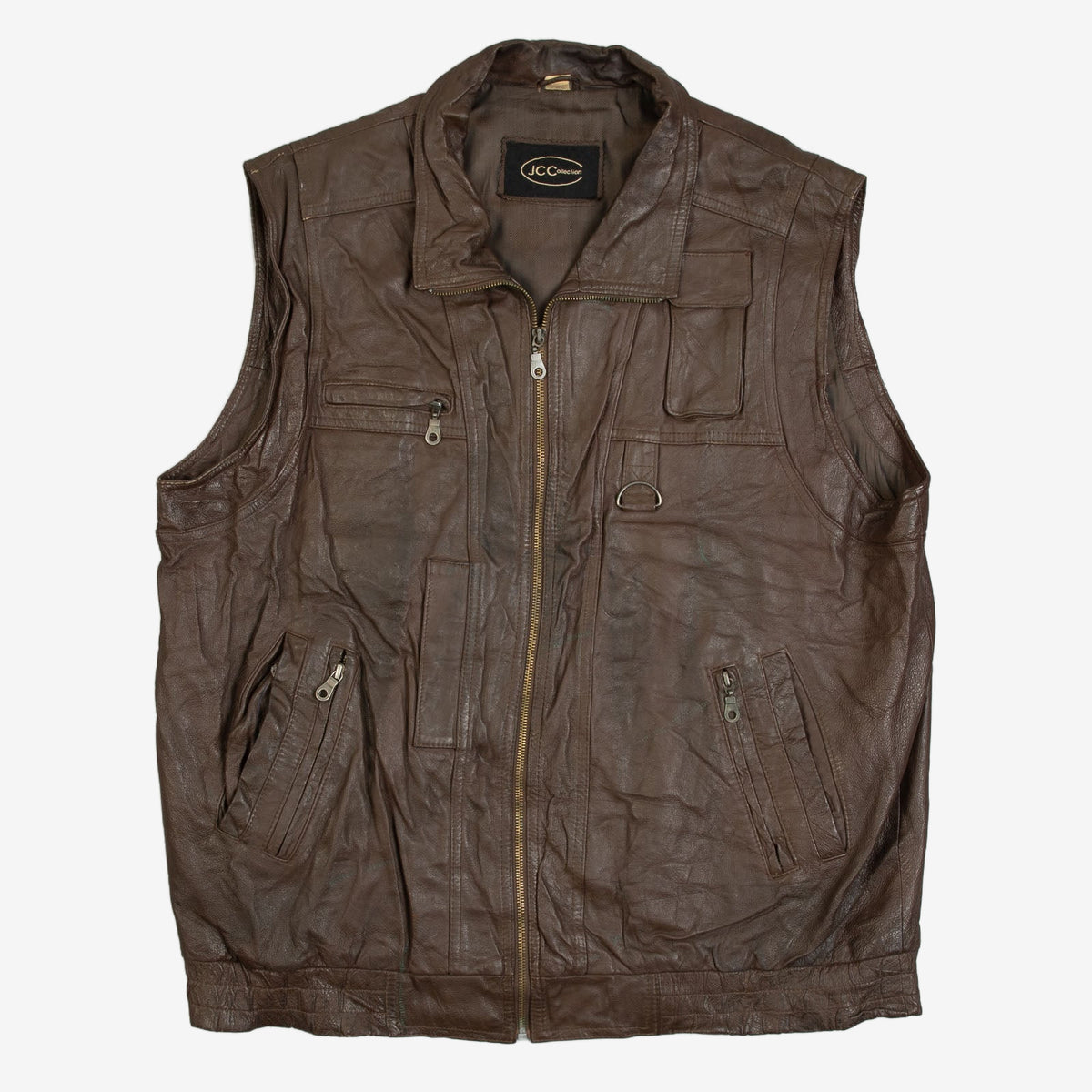 MEN'S VINTAGE 1980S LEATHER UTILITY VEST JACKET - LARGE