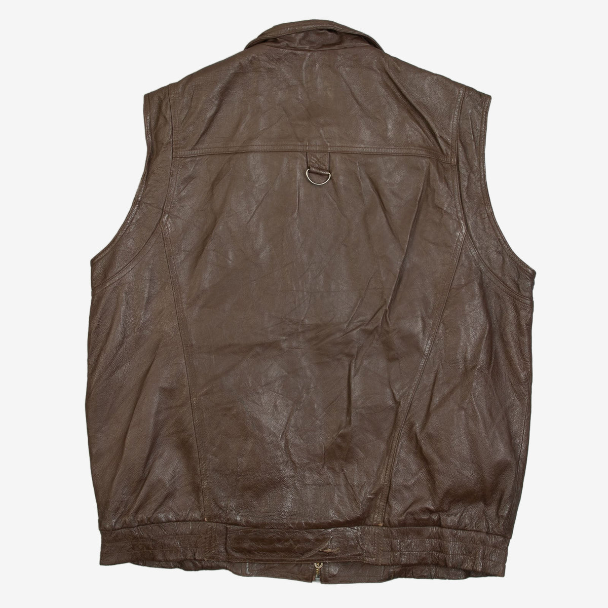 MEN'S VINTAGE 1980S LEATHER UTILITY VEST JACKET - LARGE
