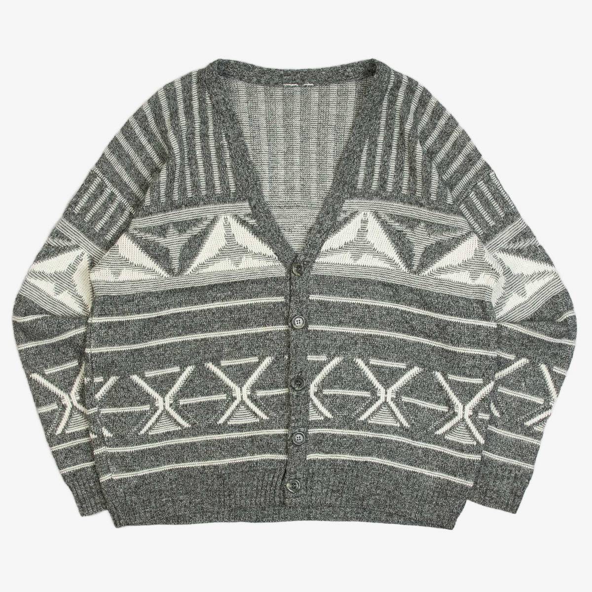MEN'S VINTAGE 1980S STRUCTURED PATTERNED KNITTED CARDIGAN - LARGE