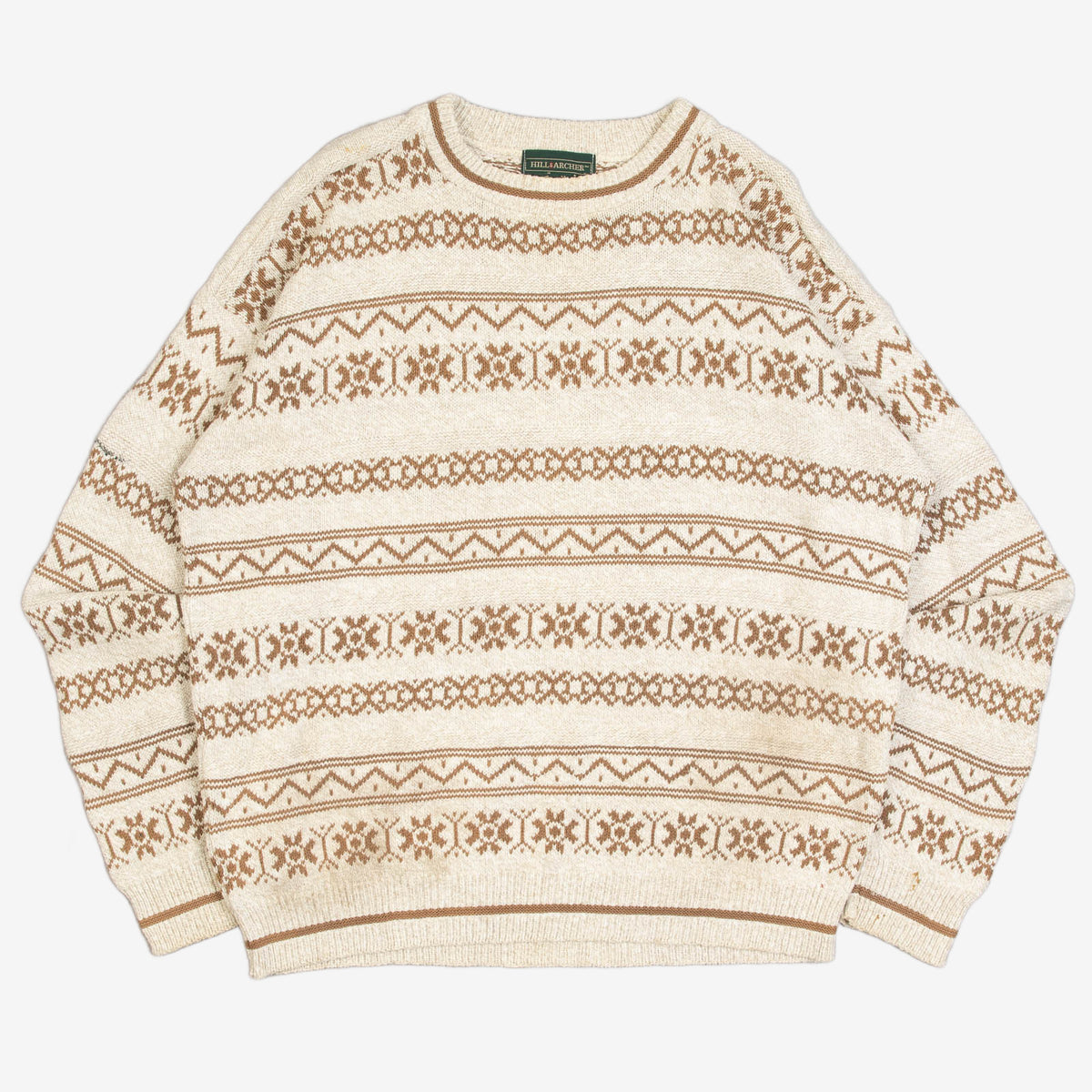 MEN'S VINTAGE 1990S PATTERNED STRIPED KNITTED JUMPER - LARGE