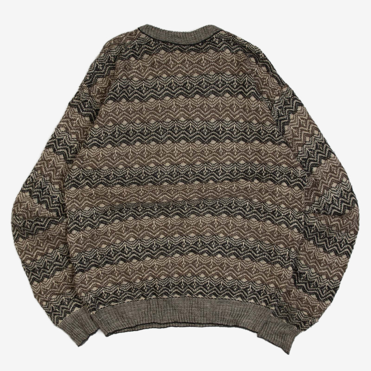 MEN'S VINTAGE 1990S PATTERNED STRIPED KNITTED JUMPER - MEDIUM