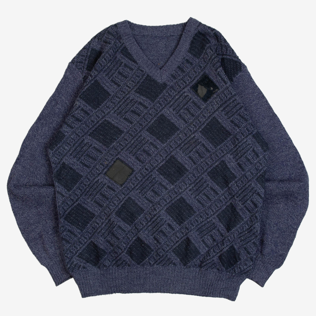 MEN'S VINTAGE 1980S PATTERNED V-NEXK KNITTED JUMPER - X-LARGE