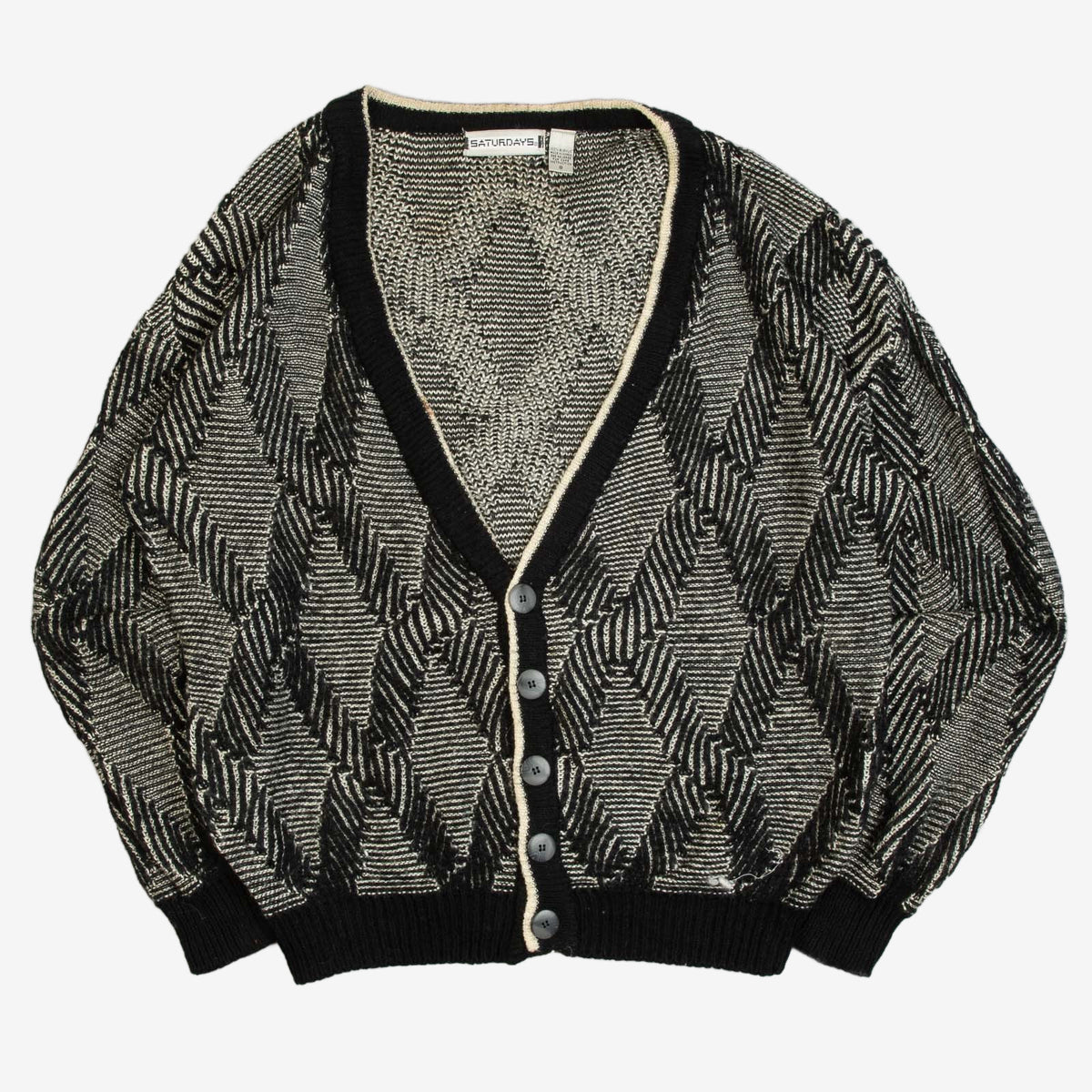 MEN'S VINTAGE 1990S STRUCTURED PATTERNED KNITTED CARDIGAN - X-LARGE