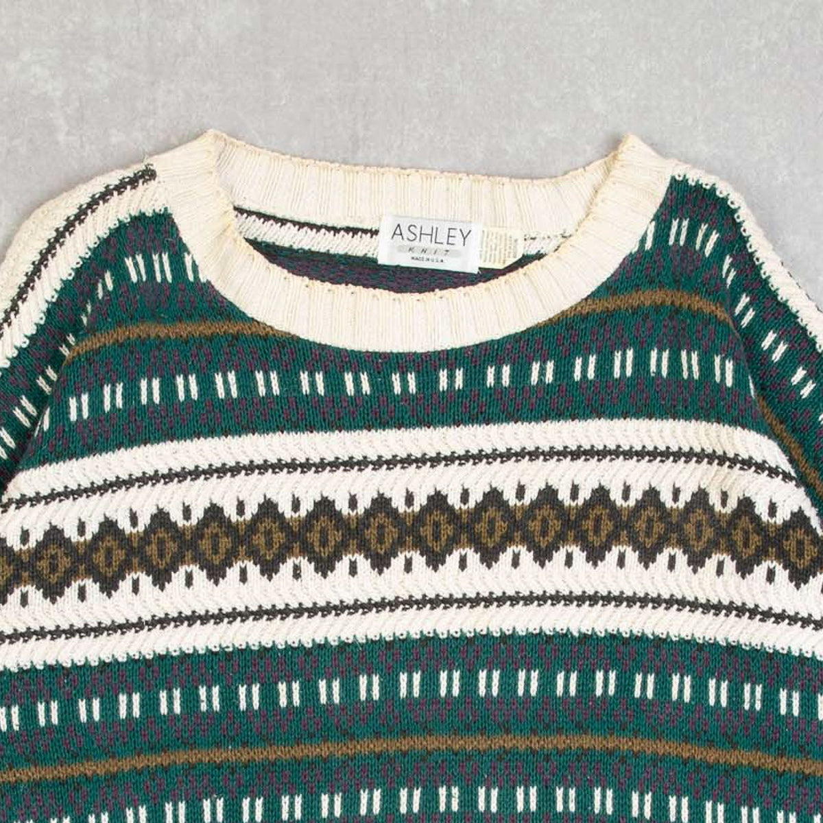 MEN'S VINTAGE 1980S PATTERNED STRIPED KNITTED JUMPER - MEDIUM