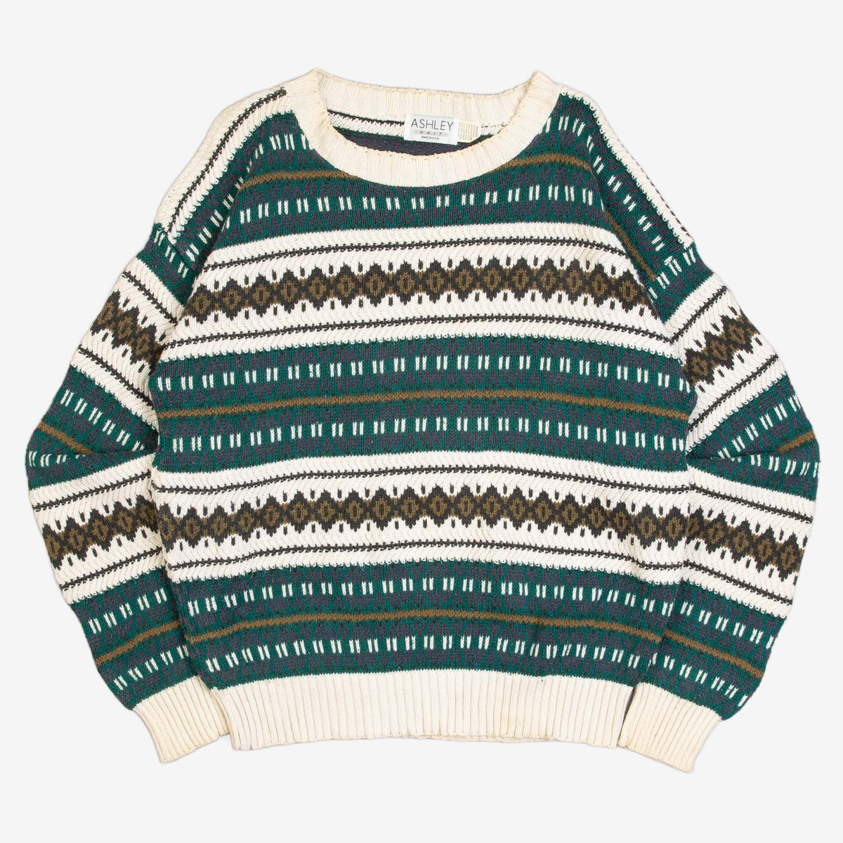 MEN'S VINTAGE 1980S PATTERNED STRIPED KNITTED JUMPER - MEDIUM