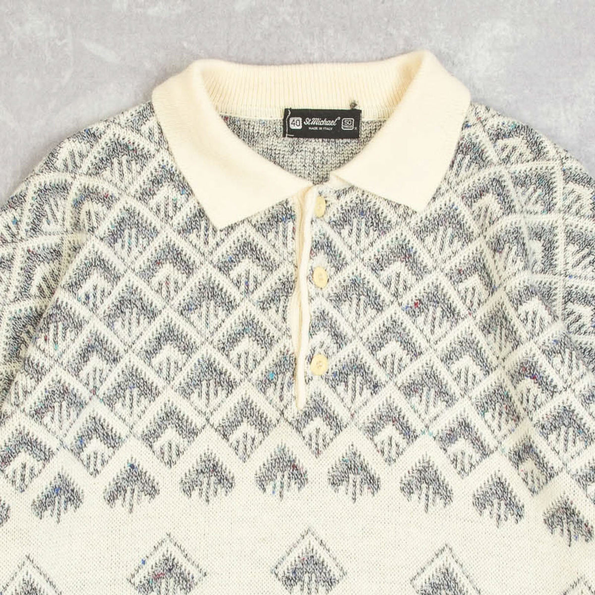 MEN'S VINTAGE 1990S PATTERNED KNITTED POLO JUMPER - LARGE