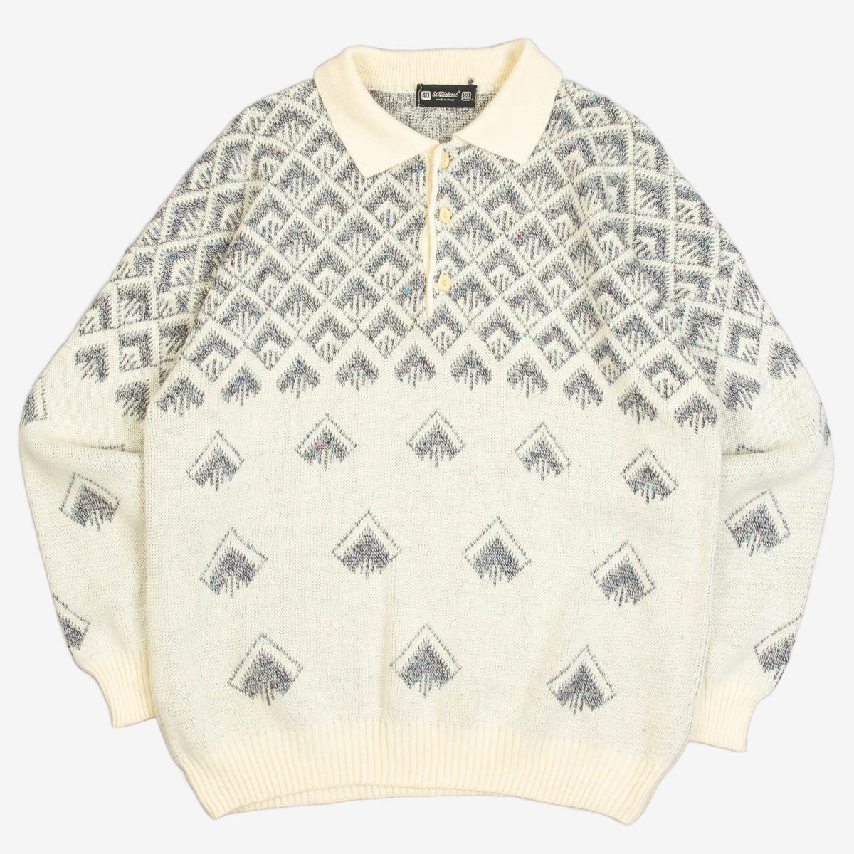 MEN'S VINTAGE 1990S PATTERNED KNITTED POLO JUMPER - LARGE