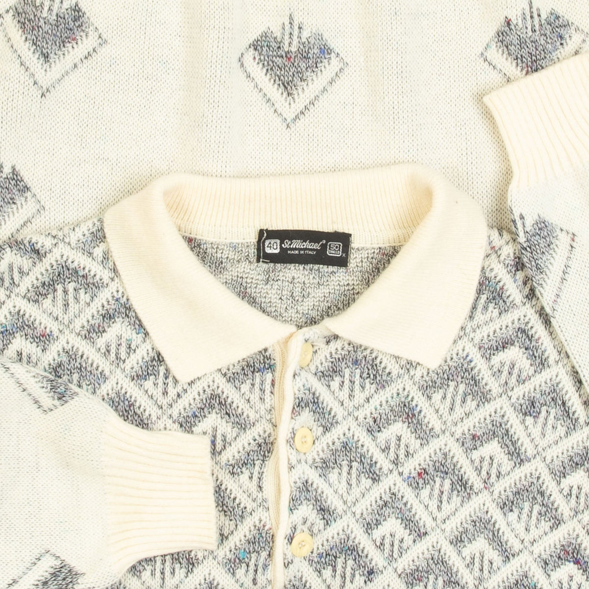 MEN'S VINTAGE 1990S PATTERNED KNITTED POLO JUMPER - LARGE