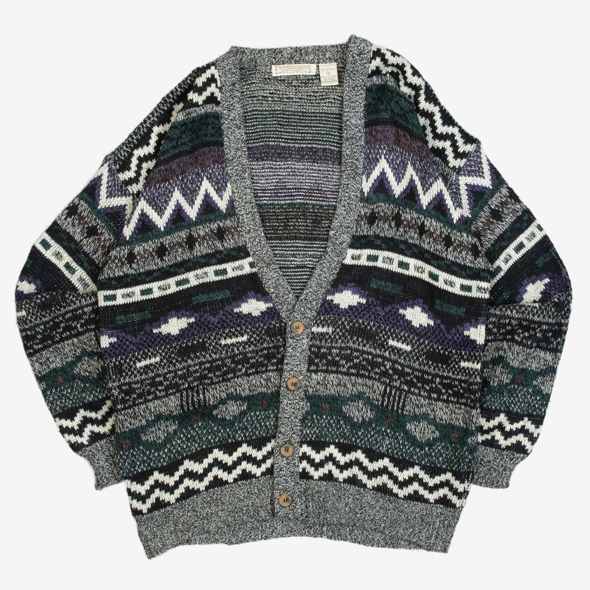 MEN'S VINTAGE 1990S PATTERNED KNITTED CARDIGAN - MEDIUM
