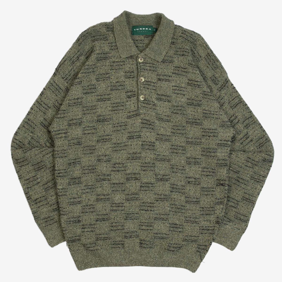 MEN'S VINTAGE 1980S PATTERNED KNITTED POLO JUMPER - X-LARGE