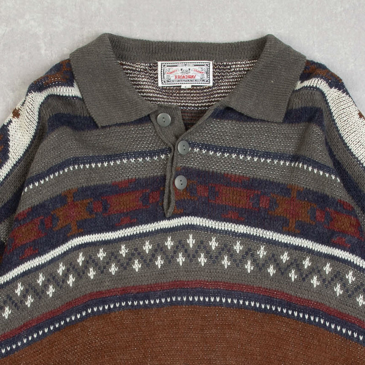 MEN'S VINTAGE 1990S PATTERNED KNITTED POLO JUMPER - LARGE