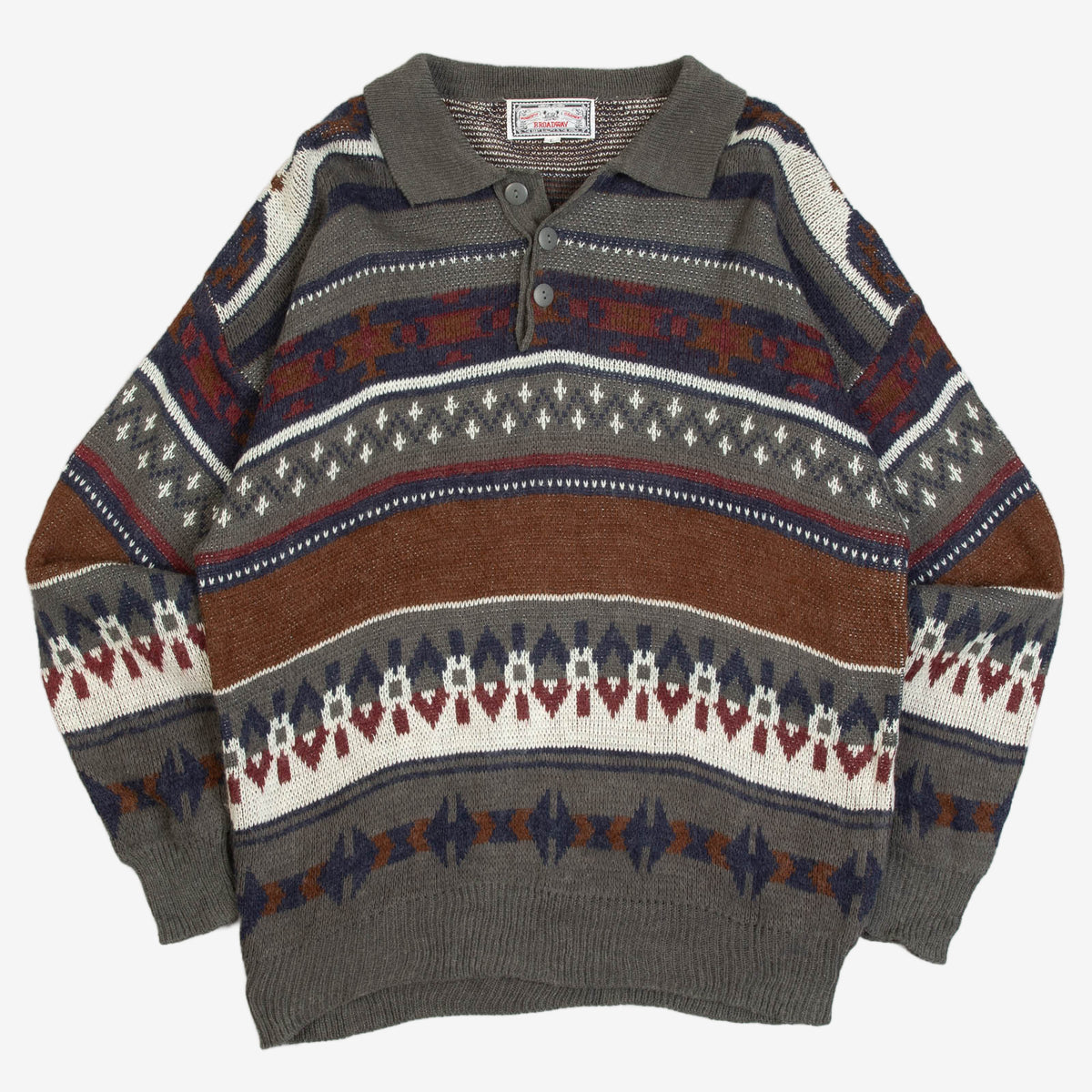 MEN'S VINTAGE 1990S PATTERNED KNITTED POLO JUMPER - LARGE