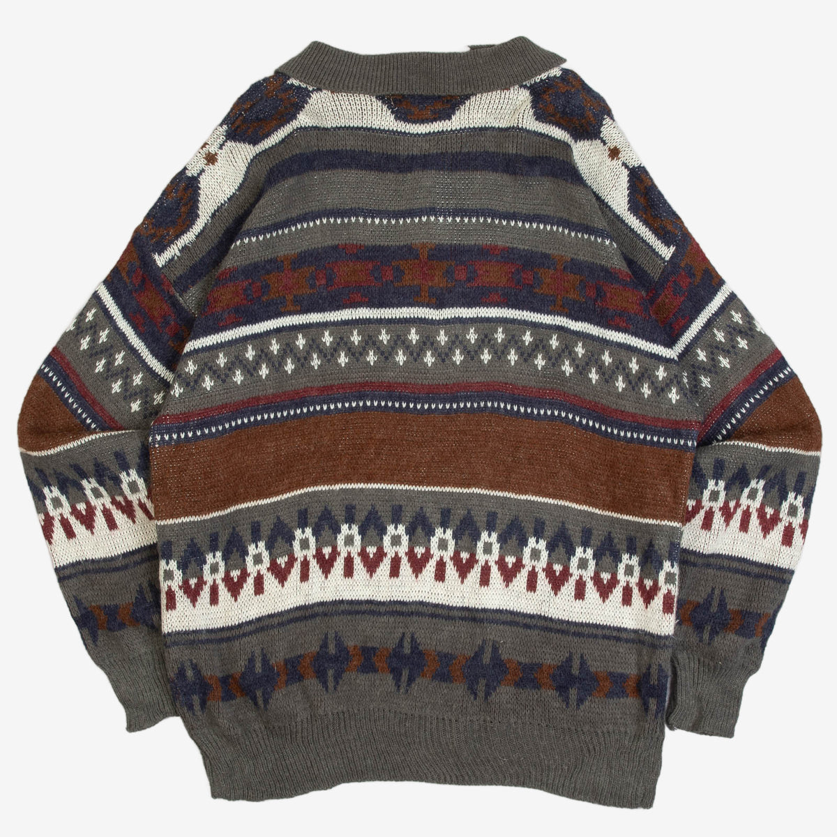 MEN'S VINTAGE 1990S PATTERNED KNITTED POLO JUMPER - LARGE