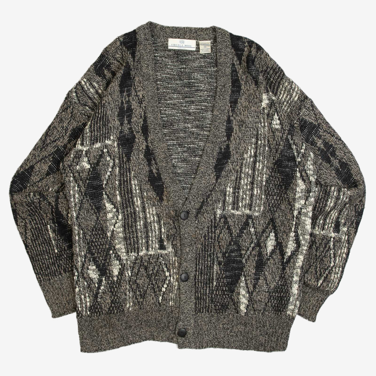 MEN'S VINTAGE 1990S PATTERNED KNITTED CARDIGAN - SMALL