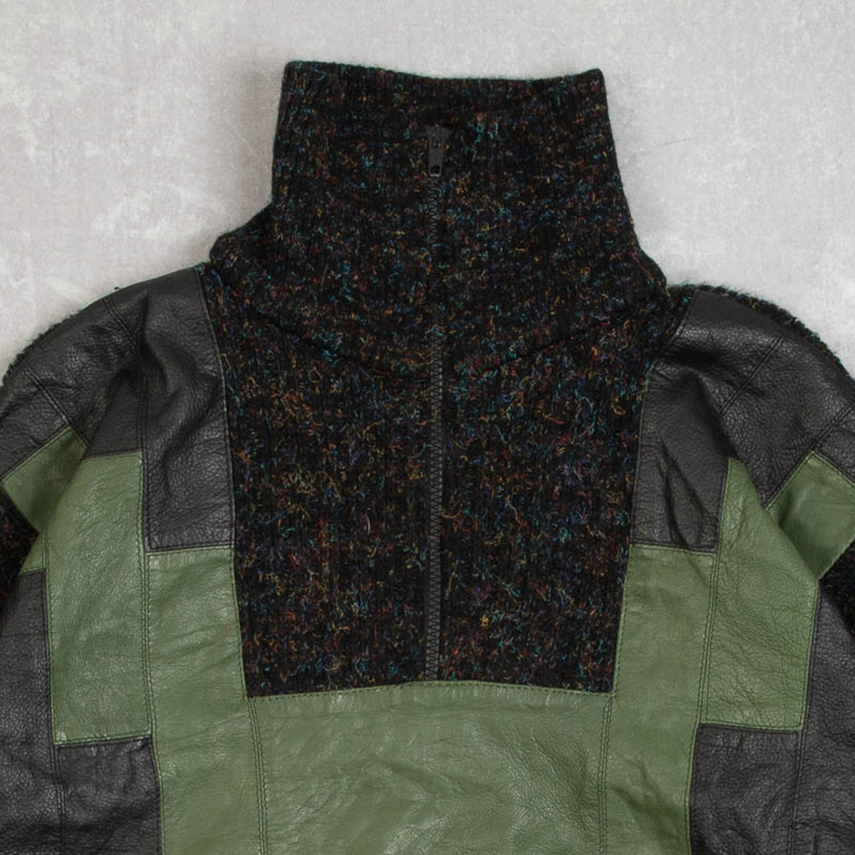 MEN'S VINTAGE 1980S LEATHER PATCH QUARTER ZIP KNITTED JUMPER - LARGE