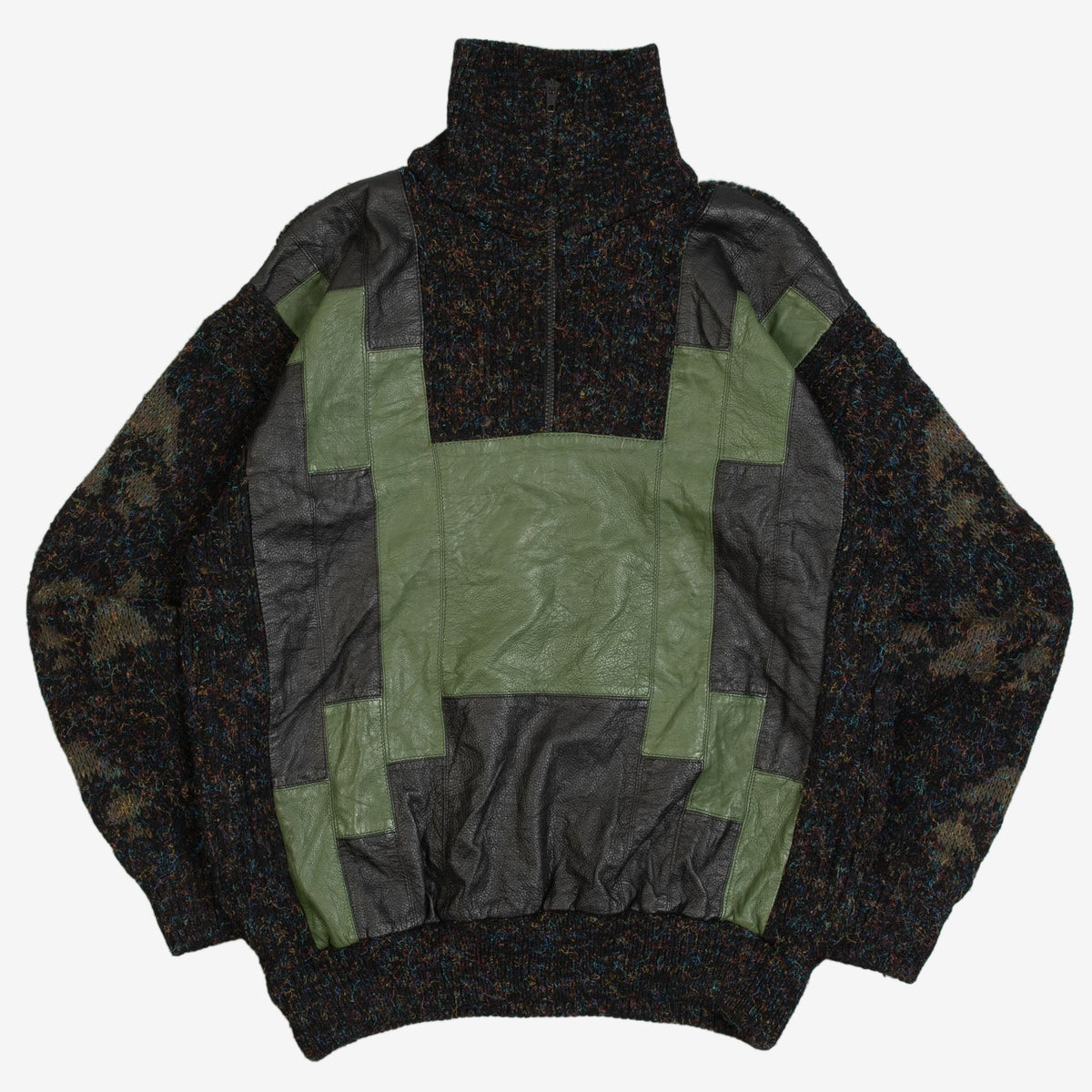 MEN'S VINTAGE 1980S LEATHER PATCH QUARTER ZIP KNITTED JUMPER - LARGE