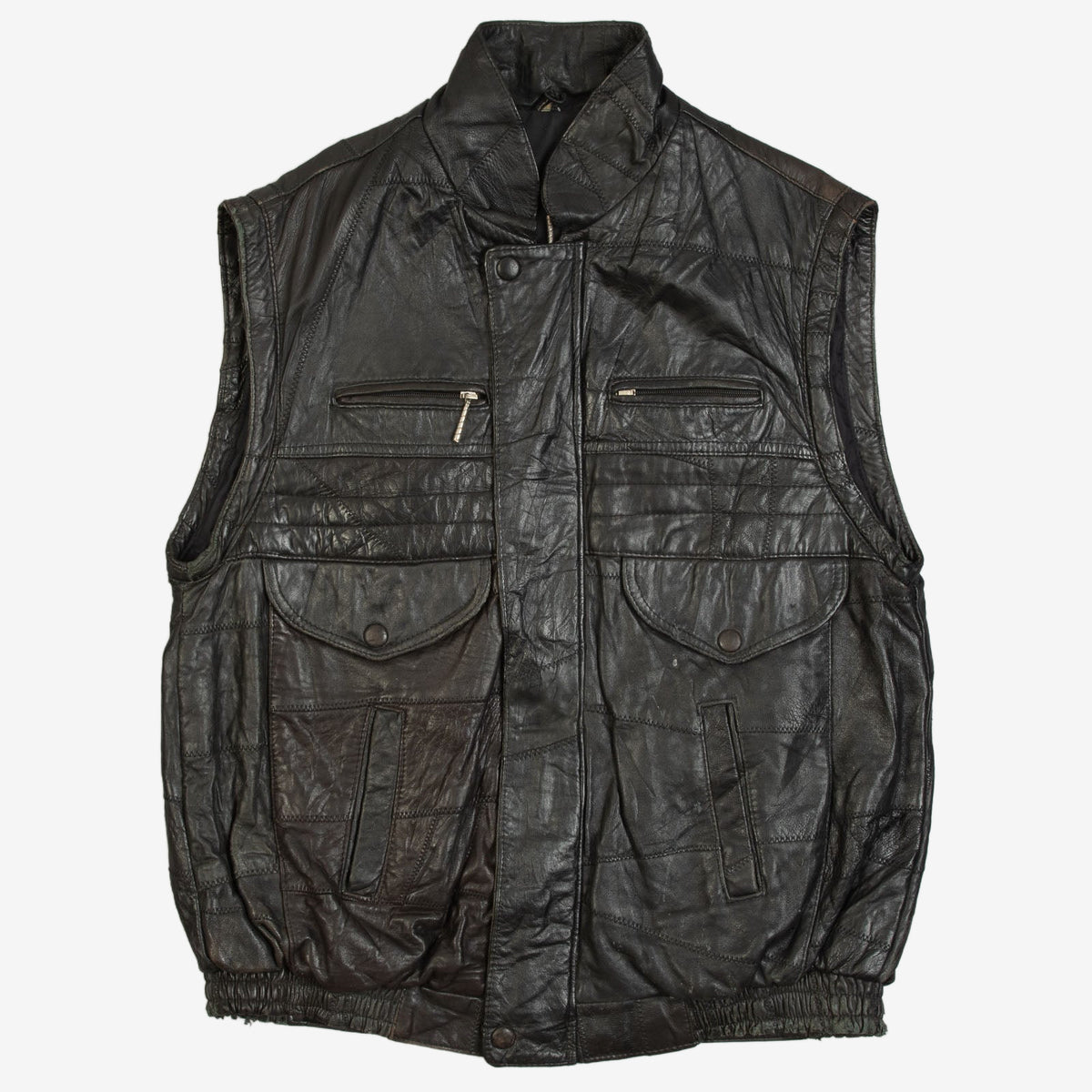 MEN'S VINTAGE 1980S LEATHER UTILITY GILET JACKET - X-LARGE