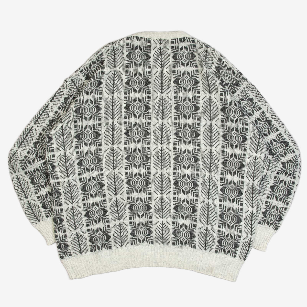 MEN'S VINTAGE 1990S PATTERNED V-NECK KNITTED JUMPER - X-LARGE
