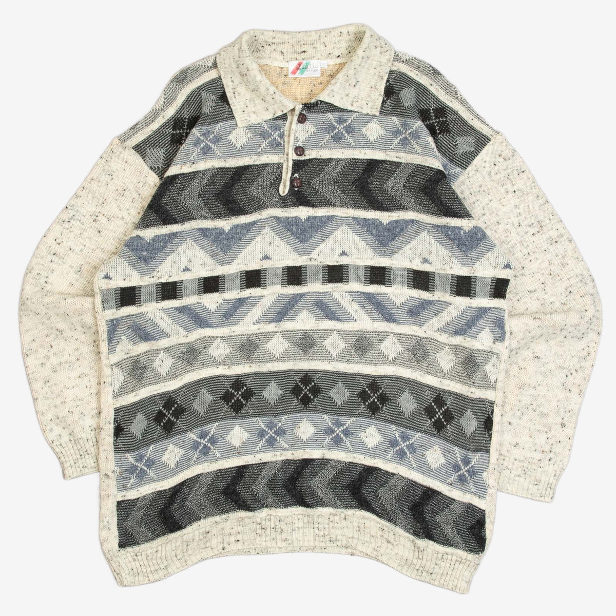 MEN'S VINTAGE 1980S PATTERNED KNITTED POLO JUMPER - X-LARGE