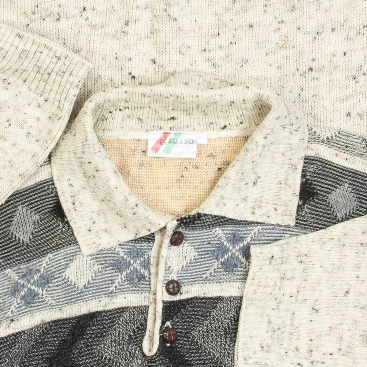 MEN'S VINTAGE 1980S PATTERNED KNITTED POLO JUMPER - X-LARGE