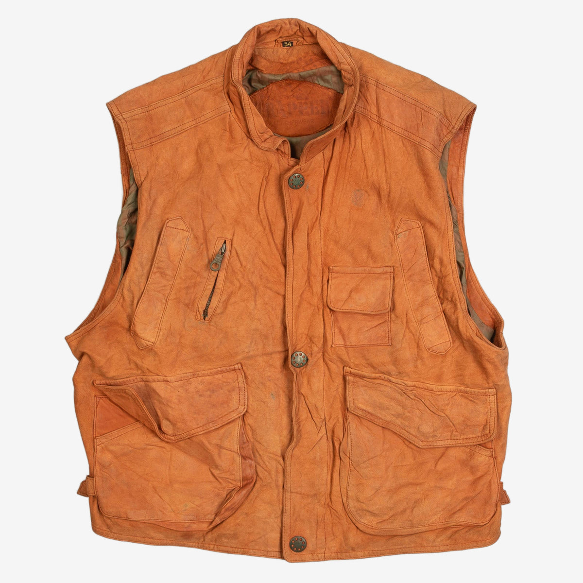 MEN'S VINTAGE 1980S LEATHER UTILITY VEST JACKET - LARGE