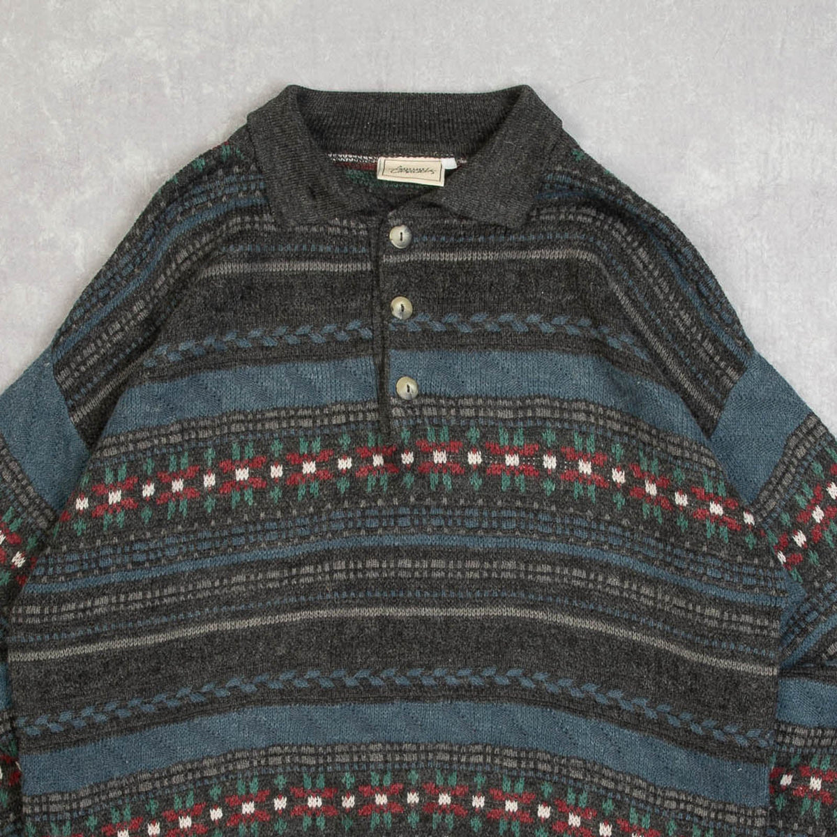 MEN'S VINTAGE 1990S PATTERNED KNITTED POLO JUMPER - LARGE