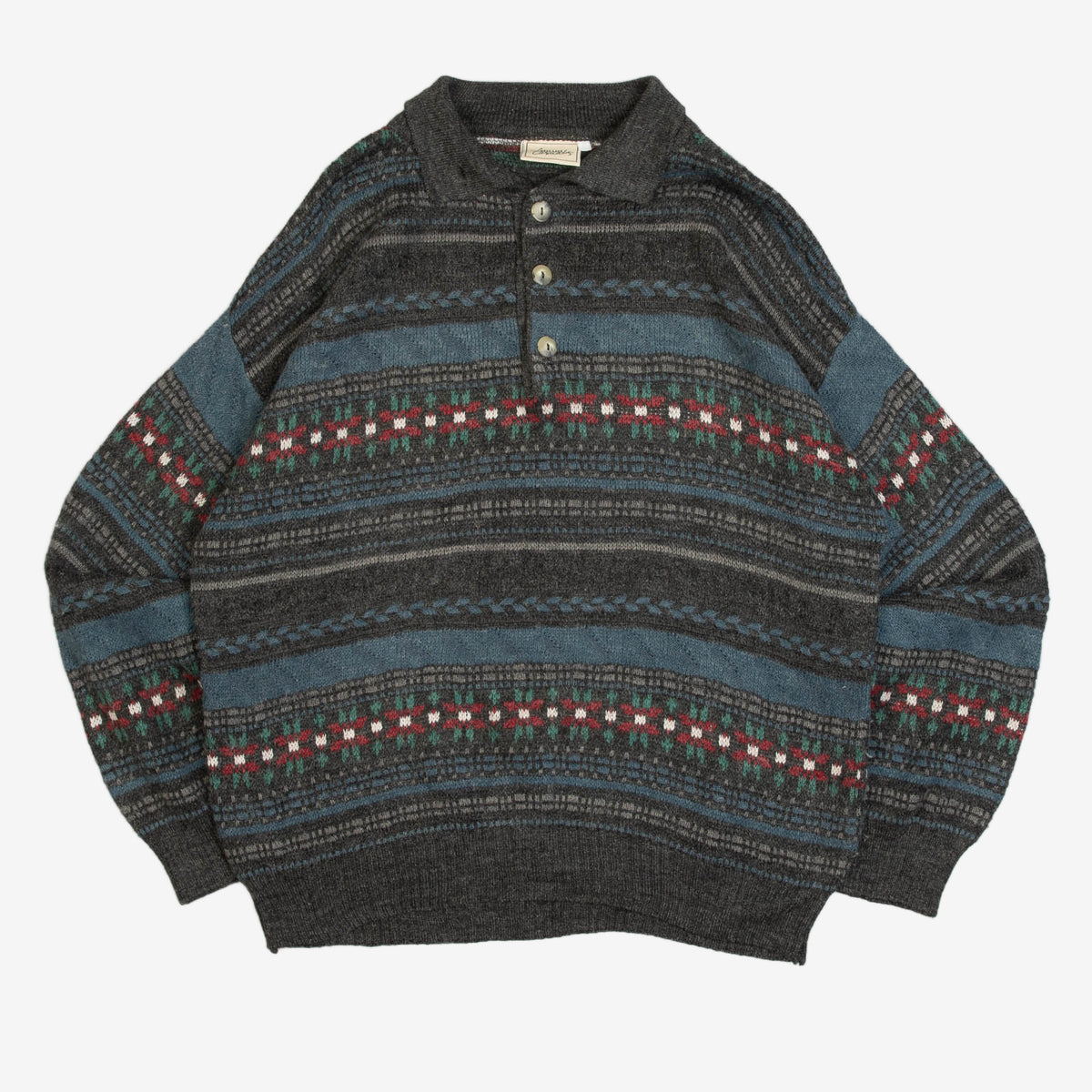 MEN'S VINTAGE 1990S PATTERNED KNITTED POLO JUMPER - LARGE