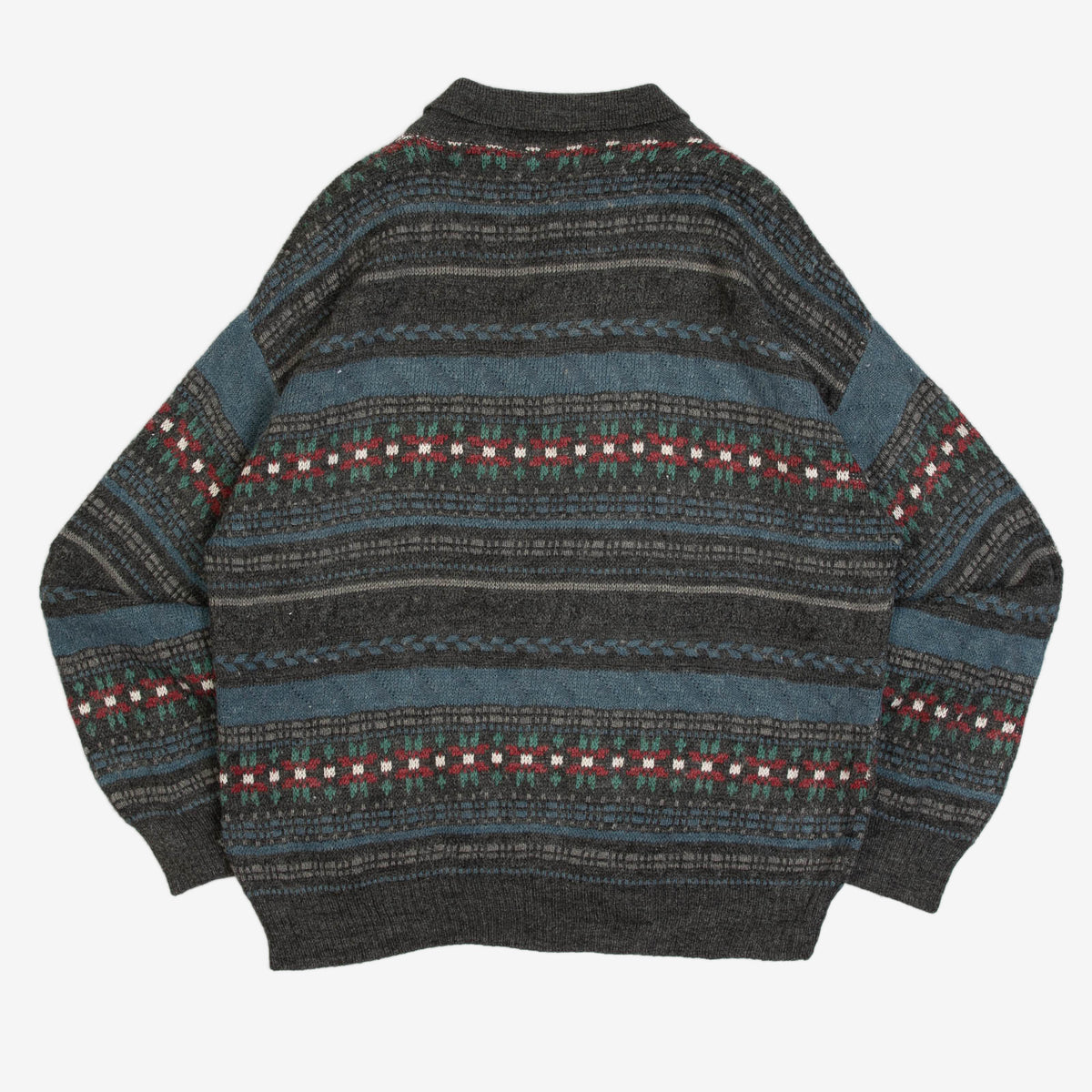MEN'S VINTAGE 1990S PATTERNED KNITTED POLO JUMPER - LARGE