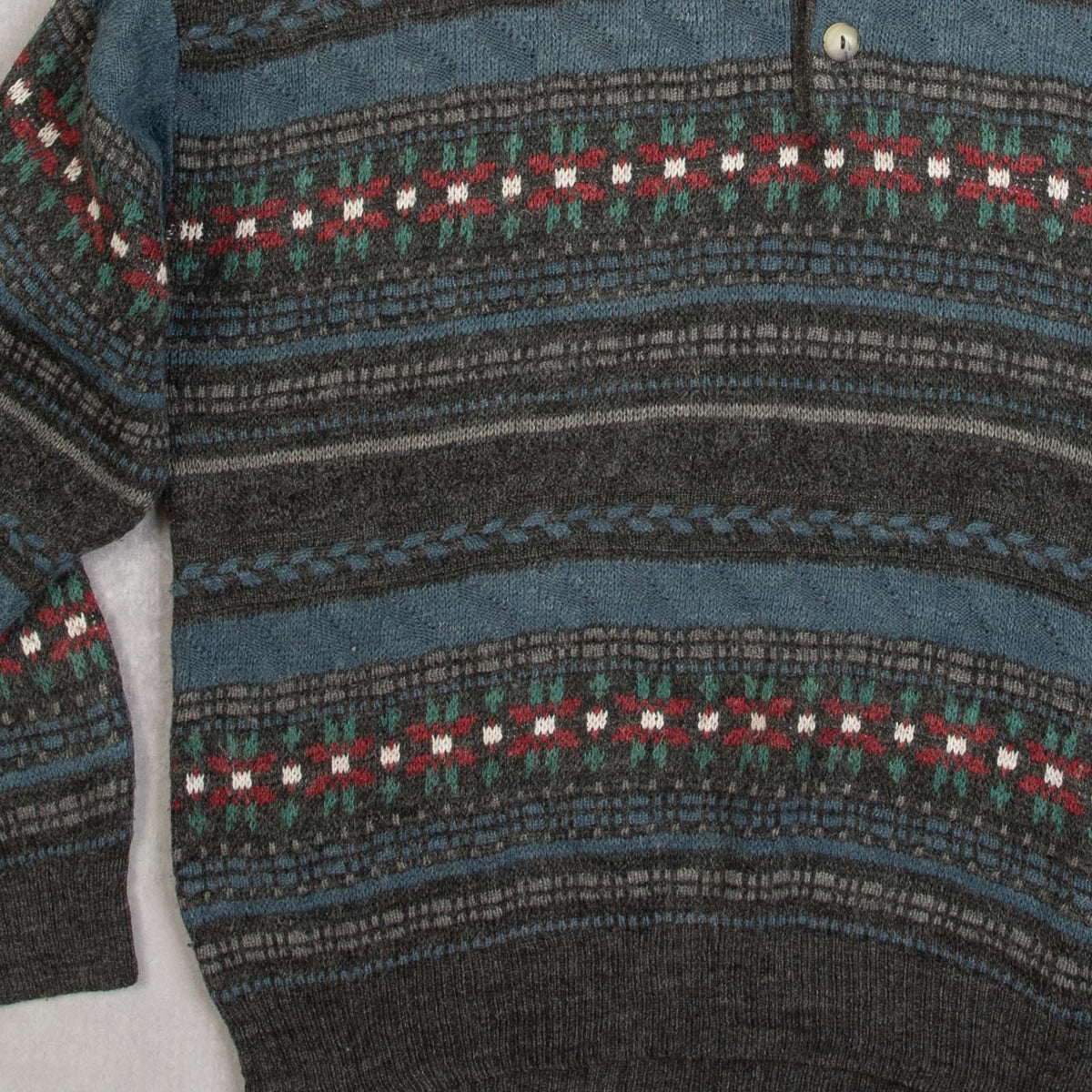 MEN'S VINTAGE 1990S PATTERNED KNITTED POLO JUMPER - LARGE