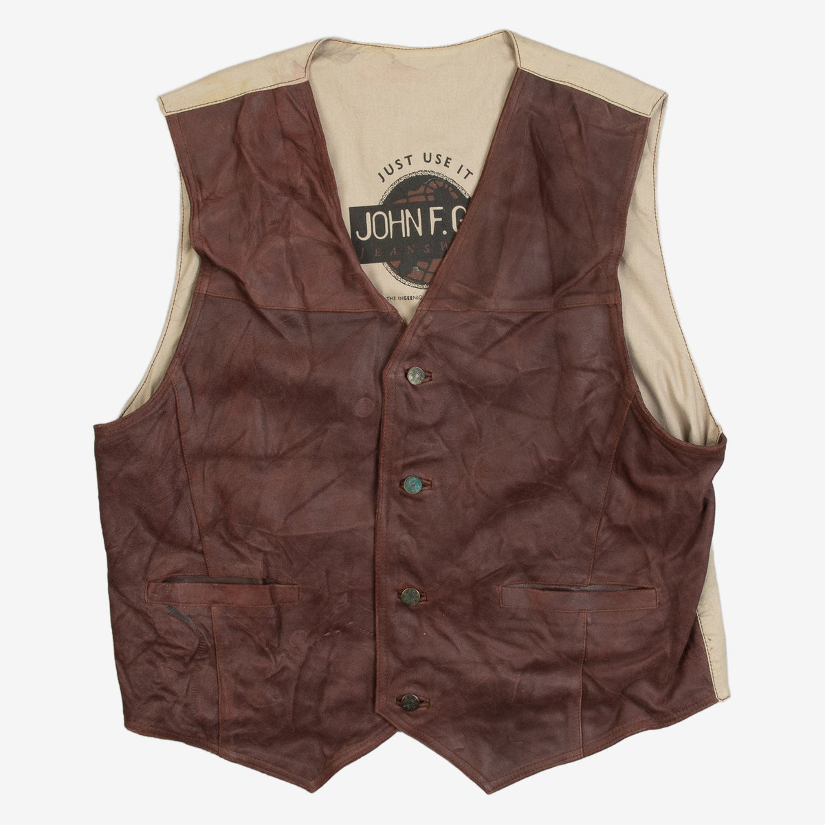 MEN'S VINTAGE 1990S LEATHER VEST JACKET - LARGE