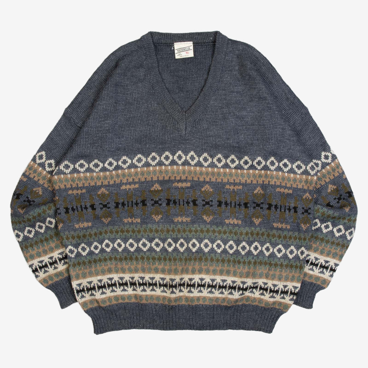 MEN'S VINTAGE 1980S PATTERNED V-NECK KNITTED JUMPER - X-LARGE