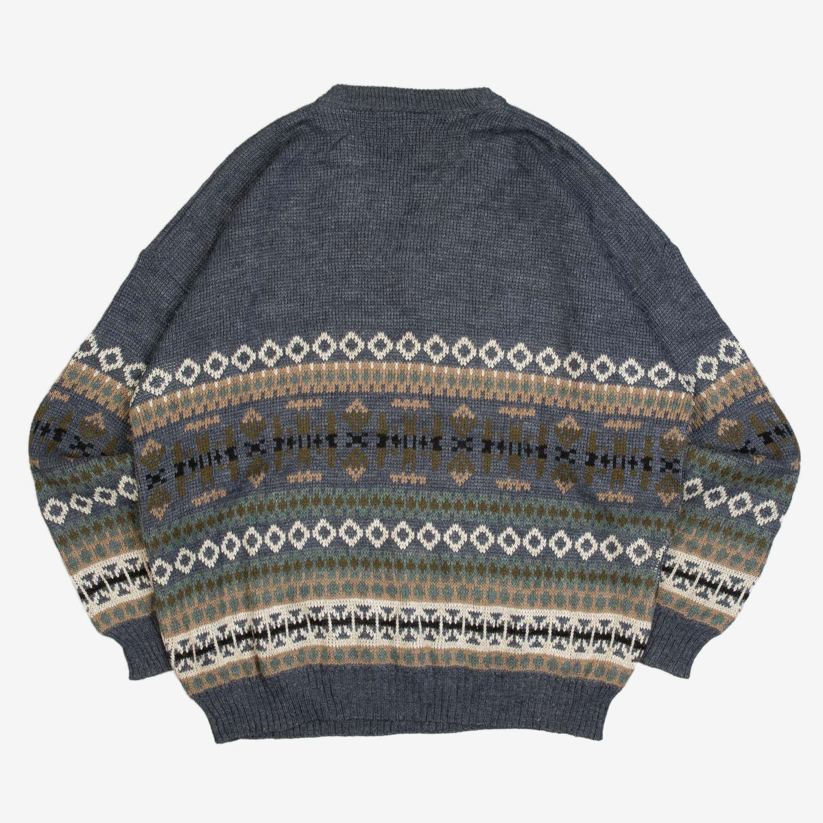 MEN'S VINTAGE 1980S PATTERNED V-NECK KNITTED JUMPER - X-LARGE