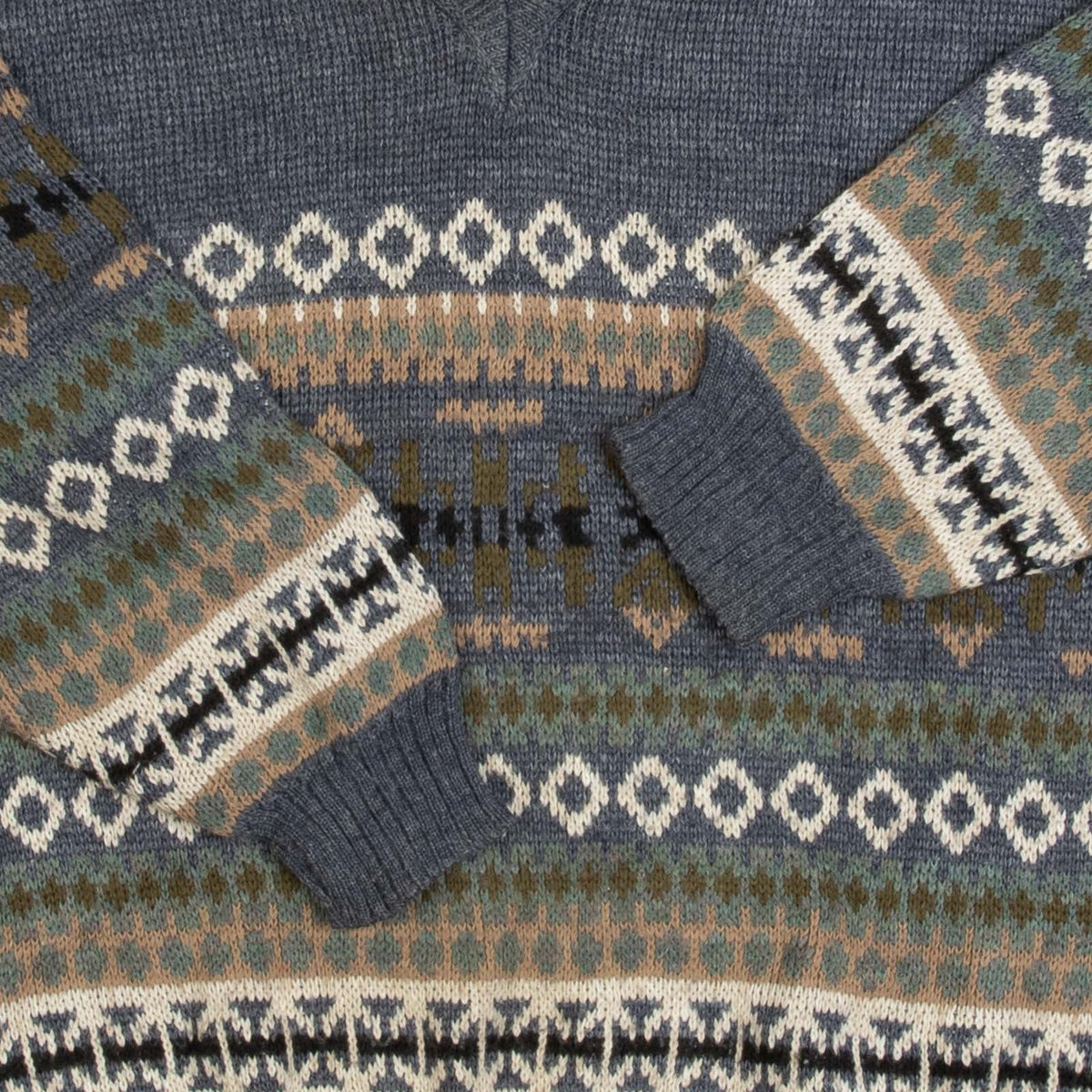 MEN'S VINTAGE 1980S PATTERNED V-NECK KNITTED JUMPER - X-LARGE