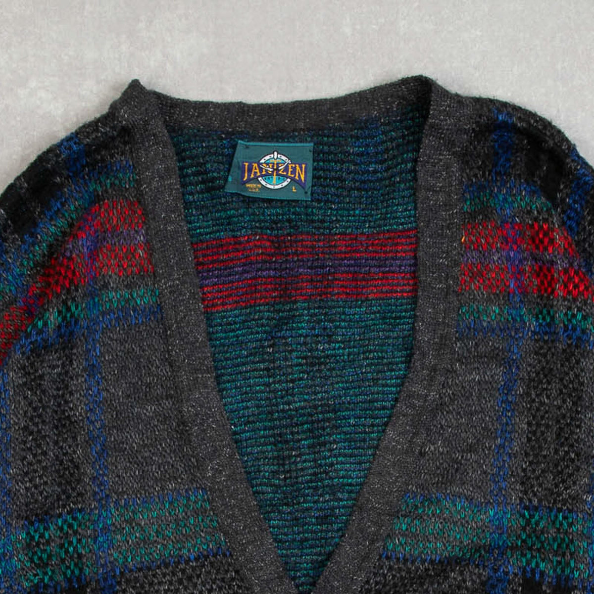 MEN'S VINTAGE 1990S CHECKED PATTERNED KNITTED CARDIGAN - LARGE
