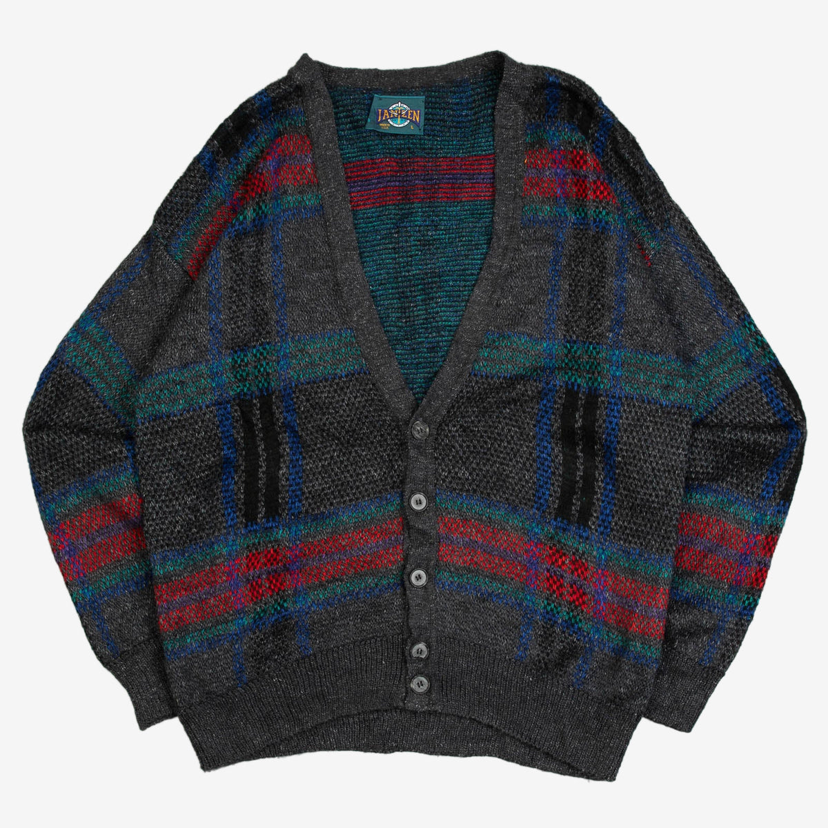 MEN'S VINTAGE 1990S CHECKED PATTERNED KNITTED CARDIGAN - LARGE