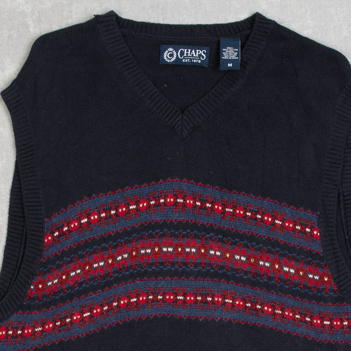 MEN'S VINTAGE 1990S CHAPS STRIPED PATTERNED KNITTED VEST JUMPER - MEDIUM