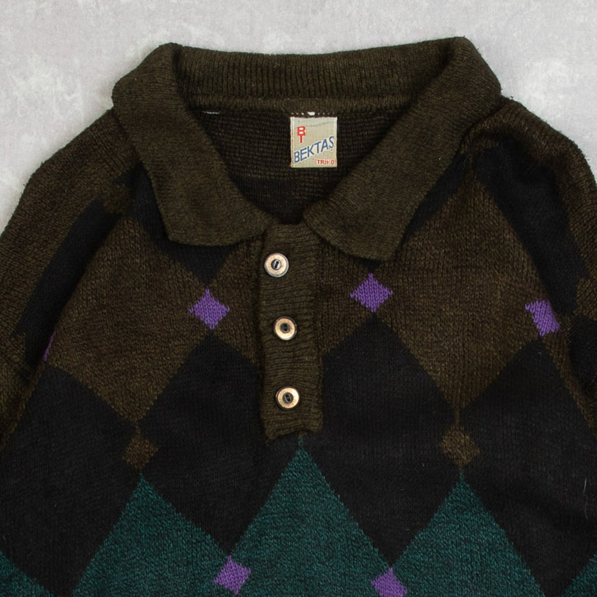 MEN'S VINTAGE 1990S ARGYLE PATTERNED KNITTED POLO JUMPER - SMALL
