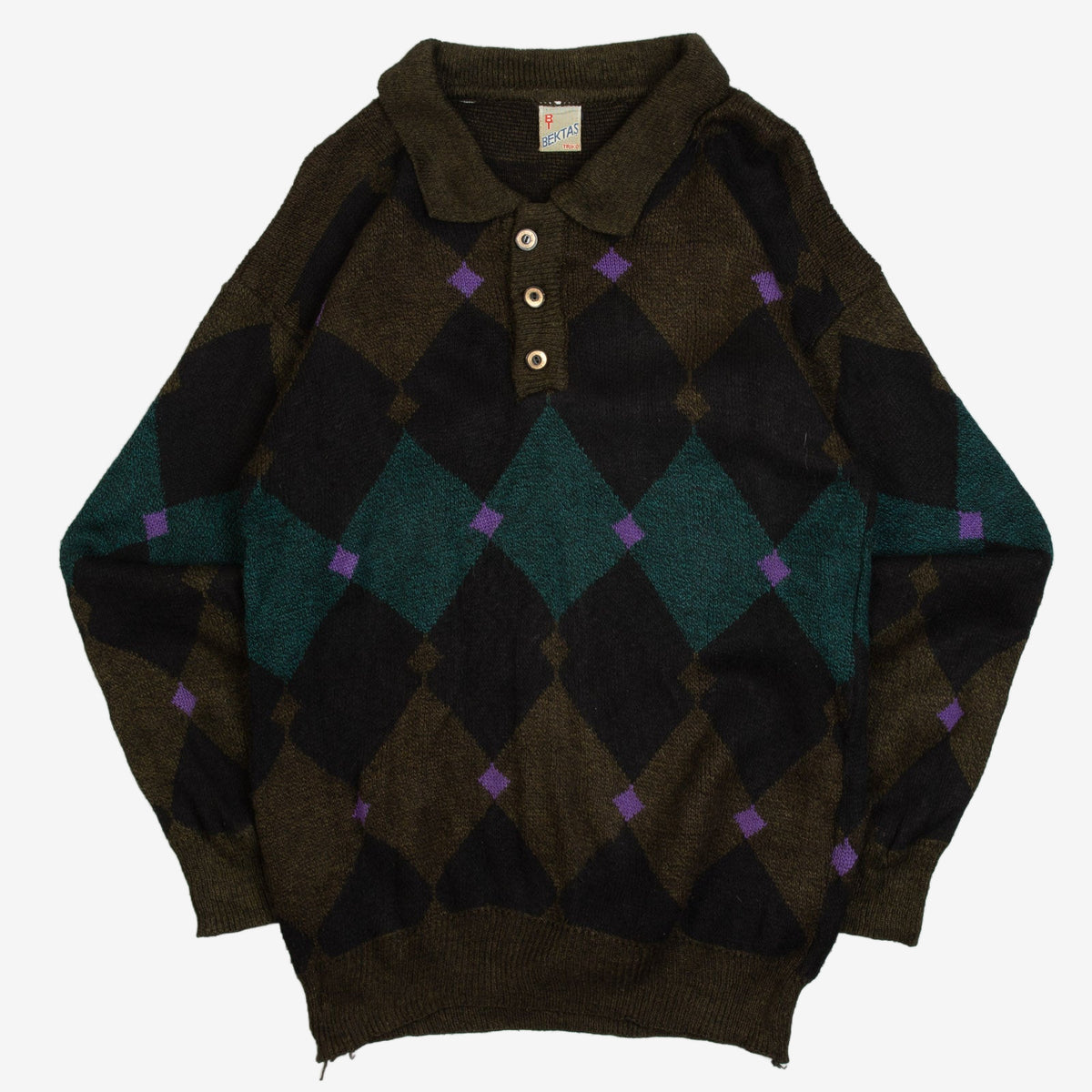 MEN'S VINTAGE 1990S ARGYLE PATTERNED KNITTED POLO JUMPER - SMALL