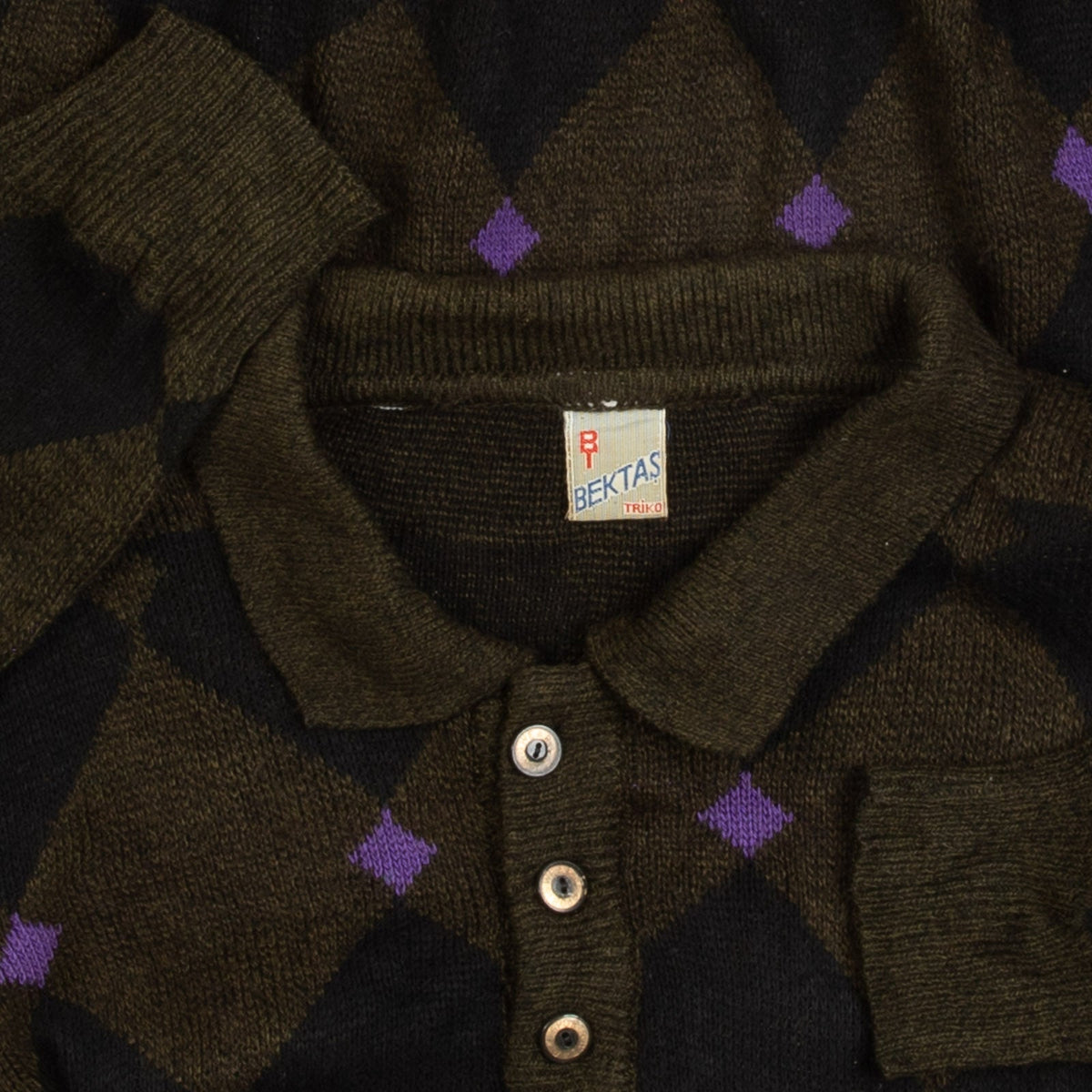 MEN'S VINTAGE 1990S ARGYLE PATTERNED KNITTED POLO JUMPER - SMALL