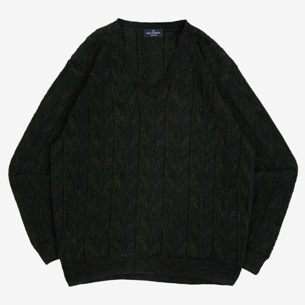 MEN'S VINTAGE 1990S STRUCTURED STRIPED V-NECK KNITTED JUMPER - LARGE