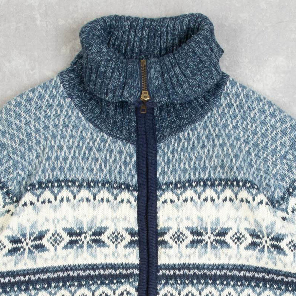MEN'S VINTAGE 1990S FULL ZIP PATTERNED KNITTED JUMPER - SMALL