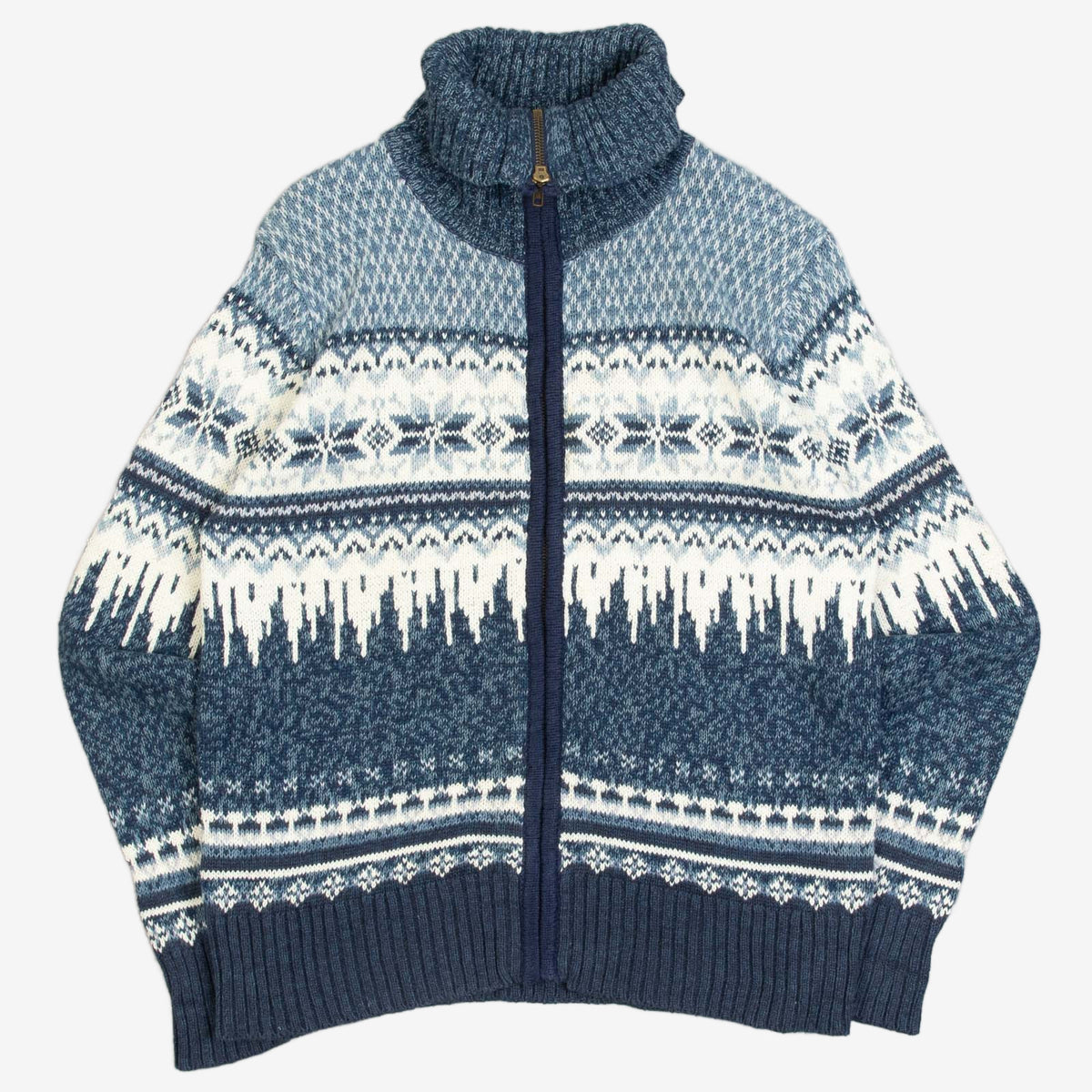 MEN'S VINTAGE 1990S FULL ZIP PATTERNED KNITTED JUMPER - SMALL