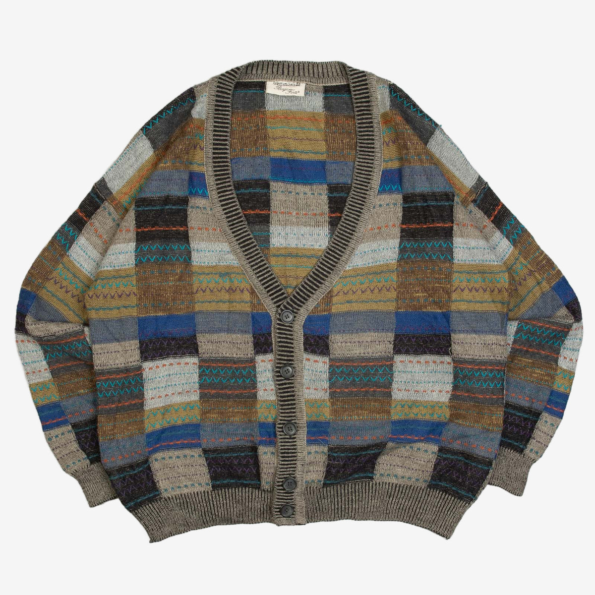 MEN'S VINTAGE 1980S PATCHWORK PATTERNED KNITTED CARDIGAN - X-LARGE