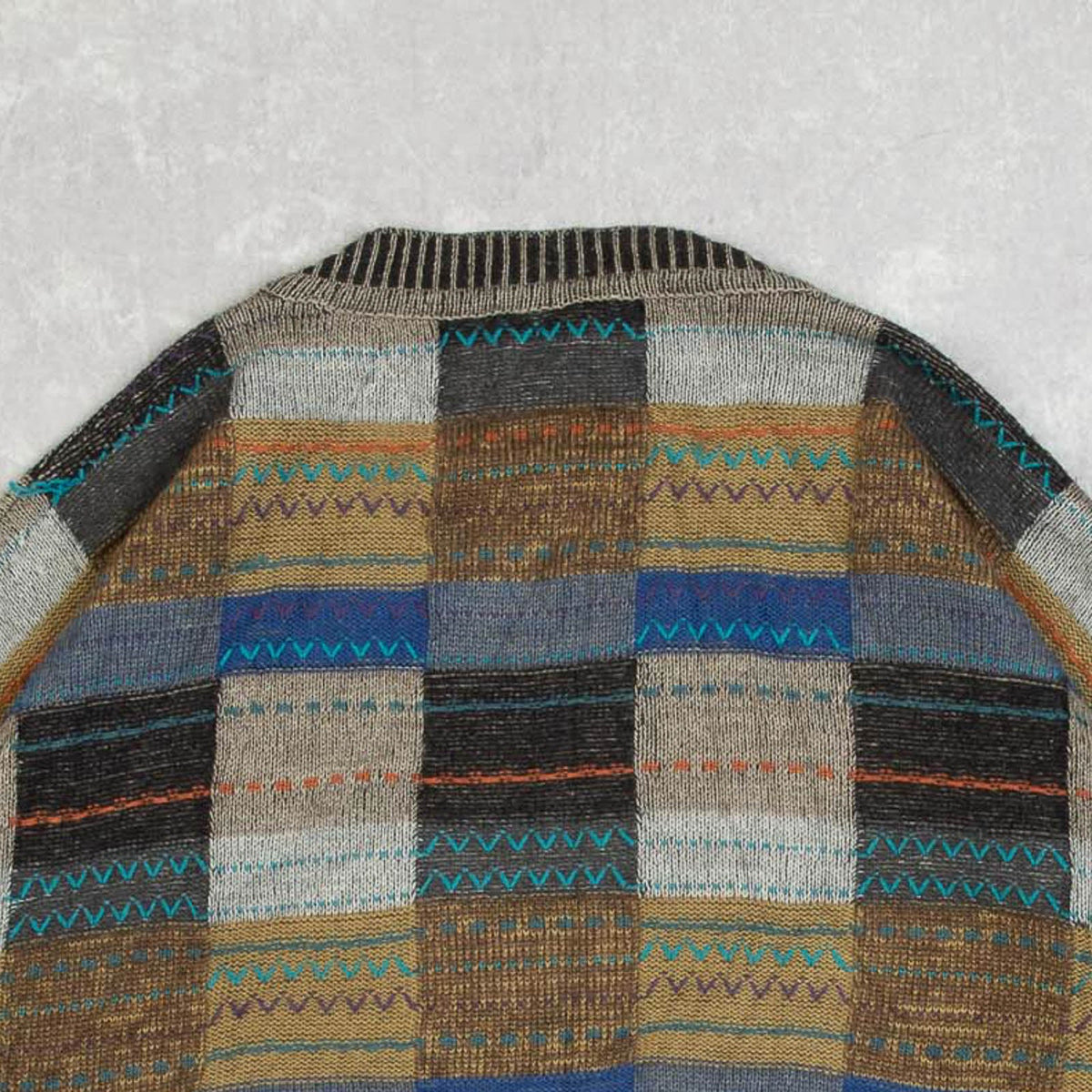 MEN'S VINTAGE 1980S PATCHWORK PATTERNED KNITTED CARDIGAN - X-LARGE