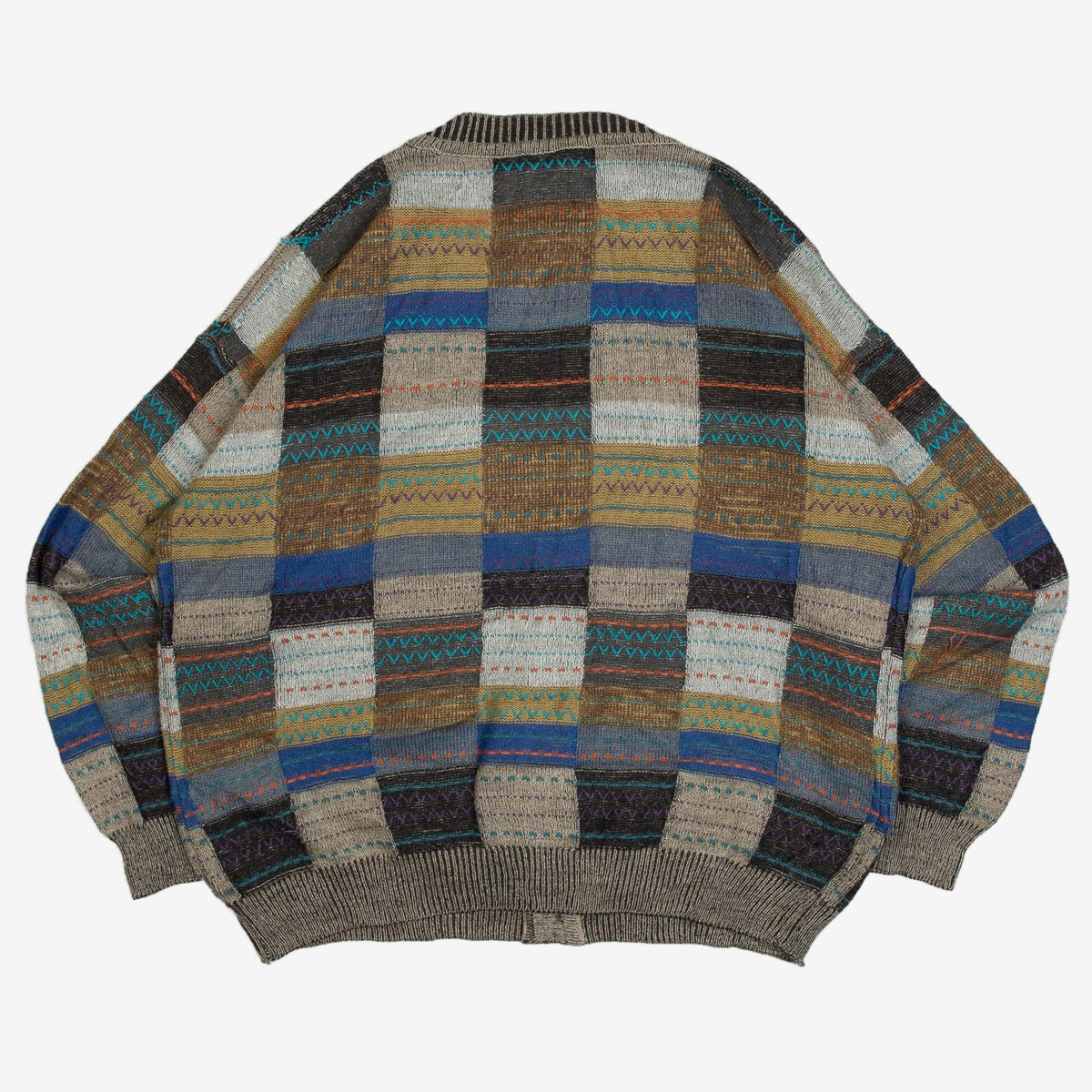 MEN'S VINTAGE 1980S PATCHWORK PATTERNED KNITTED CARDIGAN - X-LARGE
