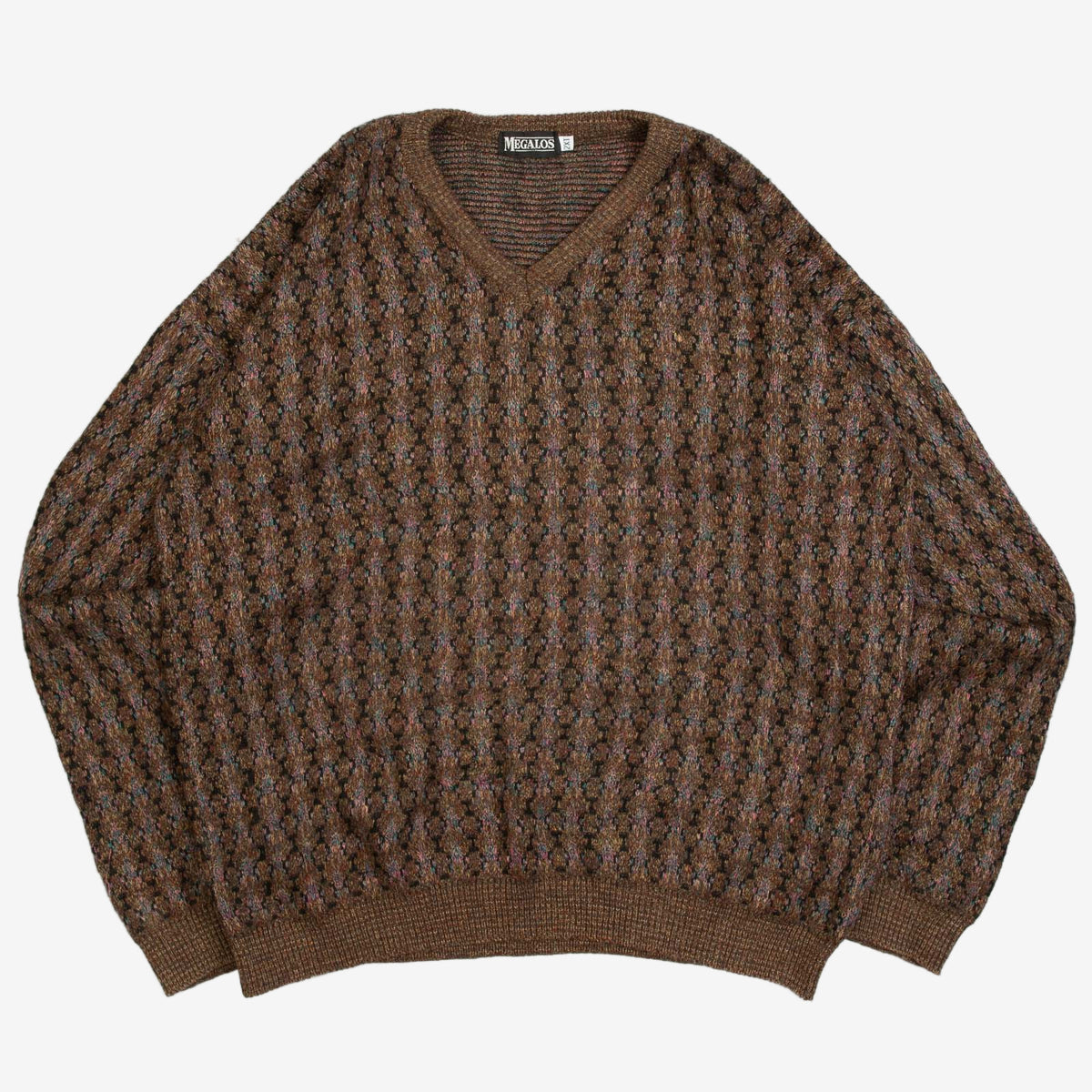 MEN'S VINTAGE 1990S PATTERNED V-NECK KNITTED JUMPER - XX-LARGE