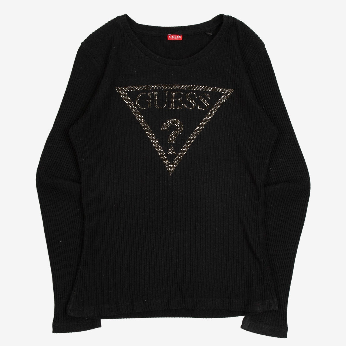 WOMEN'S VINTAGE 2000S GUESS DIAMANTÉ LOGO RIBBED KNITTED JUMPER - MEDIUM